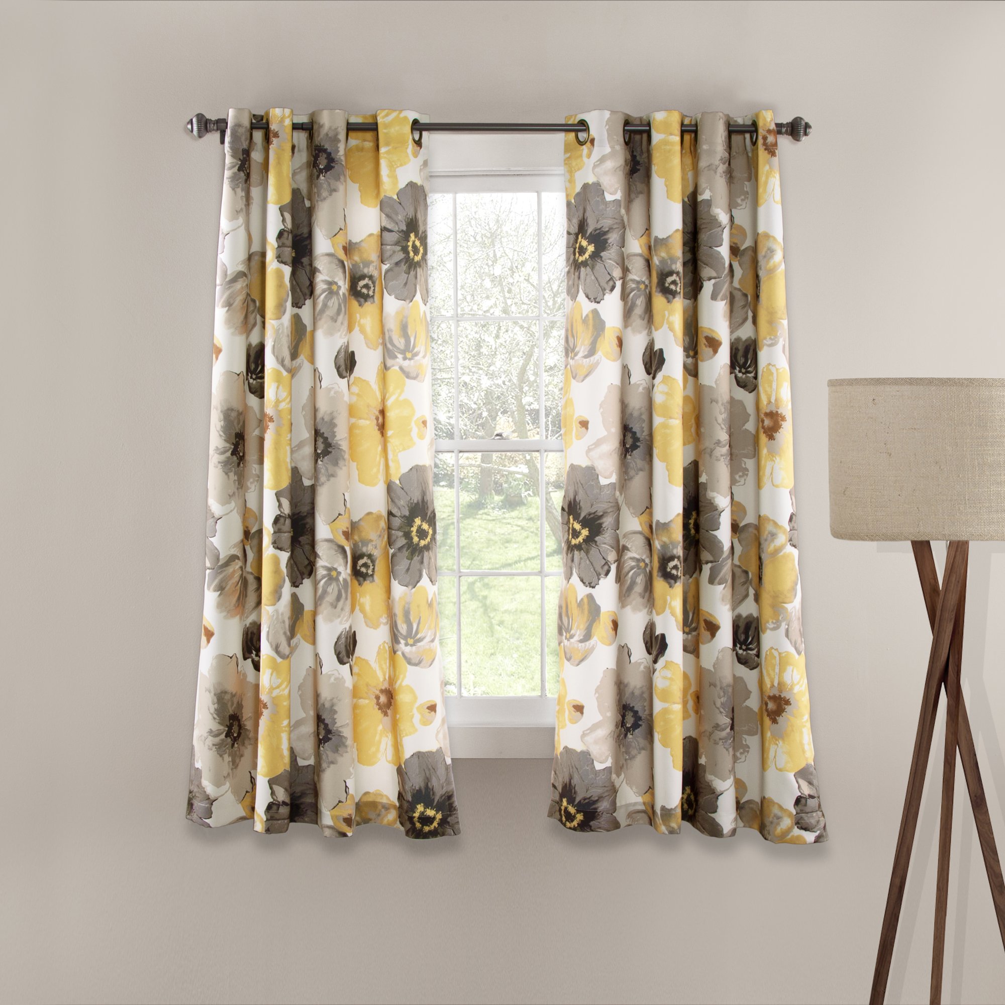 Lush Decor Leah Light Filtering Window Curtain Panels, Pair, 52" W x 45" L, Yellow & Gray - Floral Drapes for Bedroom - Yellow Curtains -Farmhouse Decor Image