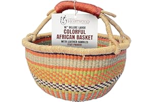 Africa Heartwood Project - Deluxe Colorful African Basket with Leather Handles - Handmade from dried Elephant Grass, Hand-Woven by Women in Bolgatanga, Ghana - Large 16" Round Flat-packed