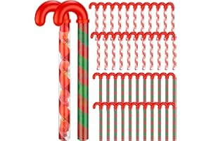 Soaoo 60 Pcs Christmas Candy Cane Shaped Tube Containers Bulk 12 Inch Empty Holiday Candy Tubes with Red Topper Christmas Plastic Crutch Container for Candy Chocolate Stocking Filler
