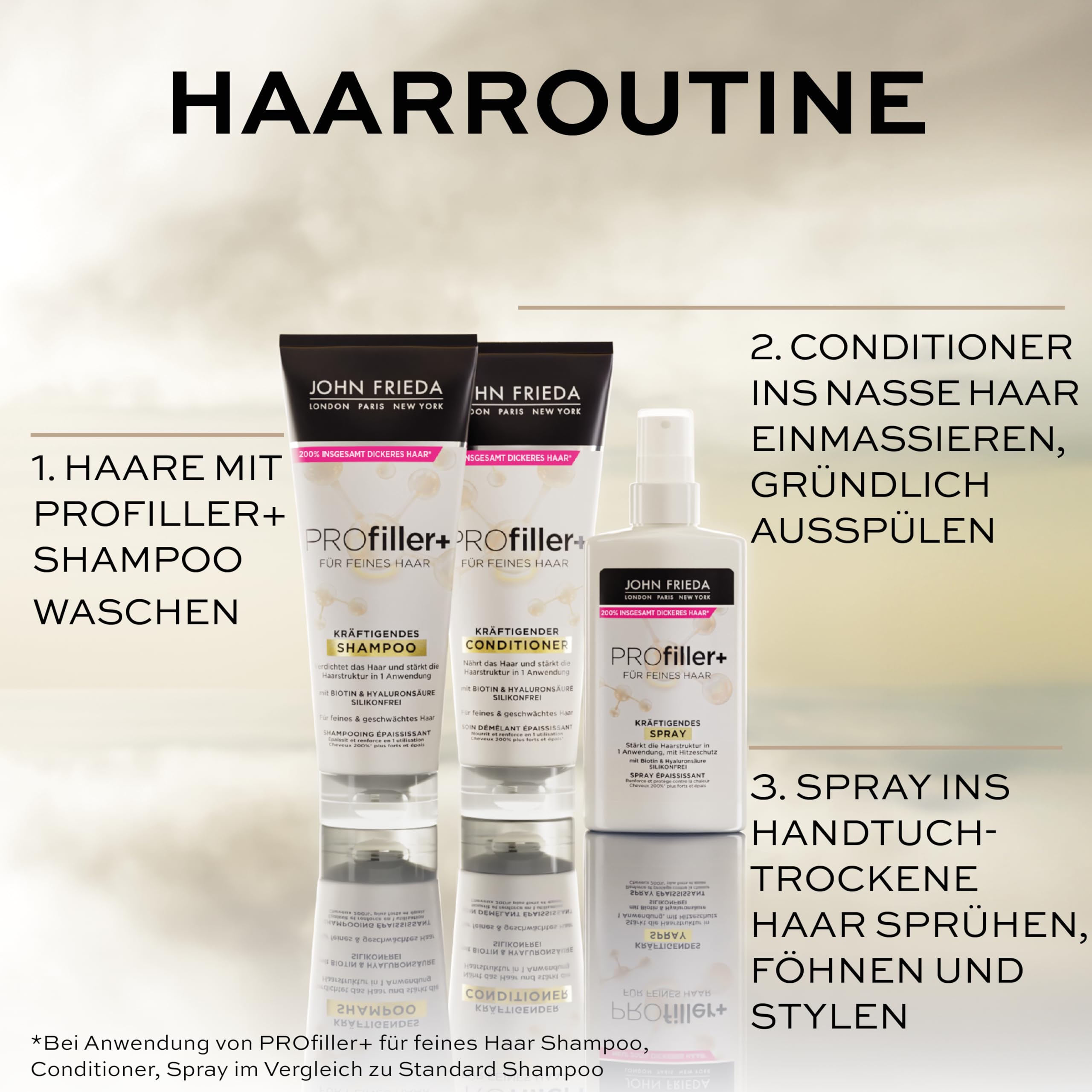 John Frieda Profiller+ Vorteils-Set - Inhalt: Shampoo, 250ml + Conditioner, 250ml + Kräftigendes Spray, 150ml - Für feines Haar - Mit Biotin & Hyaluronsäure 8