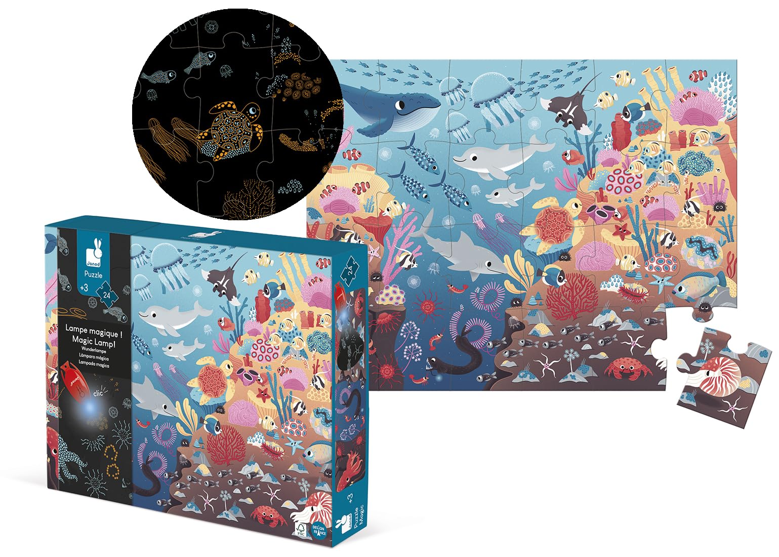 Janod - Magic Puzzle for Children The Ocean 24 pieces - Educational Game - Fine Motor Skills Observation and Concentration Training - FSC® Certified - From 3 years old, J02654