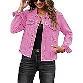luvamia Denim Jacket for Women Distressed Jean Jackets Button Up Vintage Western Trucker Jacket Frayed Hem Pockets
