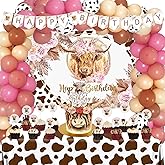 141 PCs Highland Cow Birthday Decorations Girl, Hombae Floral Retro Pink Brown Cattle Farm Animal Birthday Party Decorations Backdrop Balloon Garland Banner Tablecloth Cake Cupcake Toppers