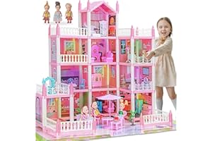 LUYE 4 Stories Dollhouse for Girls, DIY Doll House Accessories Playhouse with Furniture and 11 Rooms, Pretend Play Dreamhouse with Lights for Kids, Portable Building Dolls Playset Toys Kit Gift for Ages 6+