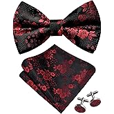 GUSLESON Mens Floral Bow Tie Handkerchief Jacquard Woven Adjustable Pre-Tied Bowties Pocket Square Cufflinks Set