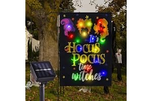 FLAGMESAGE Solar Lighted Halloween Garden Flag It's Hocus Pocus Time Witches Flags for Garden Patio Lawn Outside Halloween Decorations Garden Decor