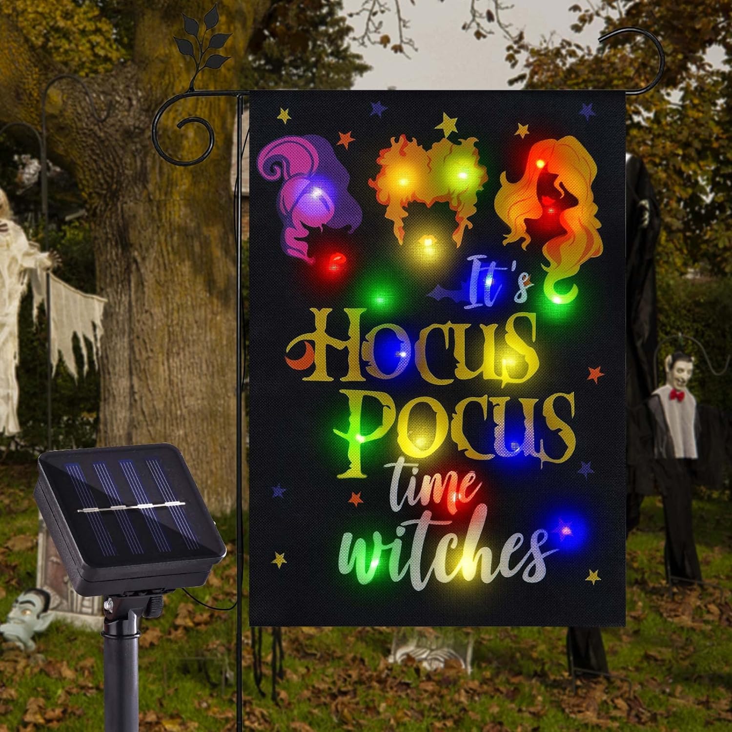 Photo 1 of Solar Lighted Halloween Garden Flag It's Hocus Pocus Time Witches Flags for Garden Patio Lawn Outside Halloween Decorations Garden Decor