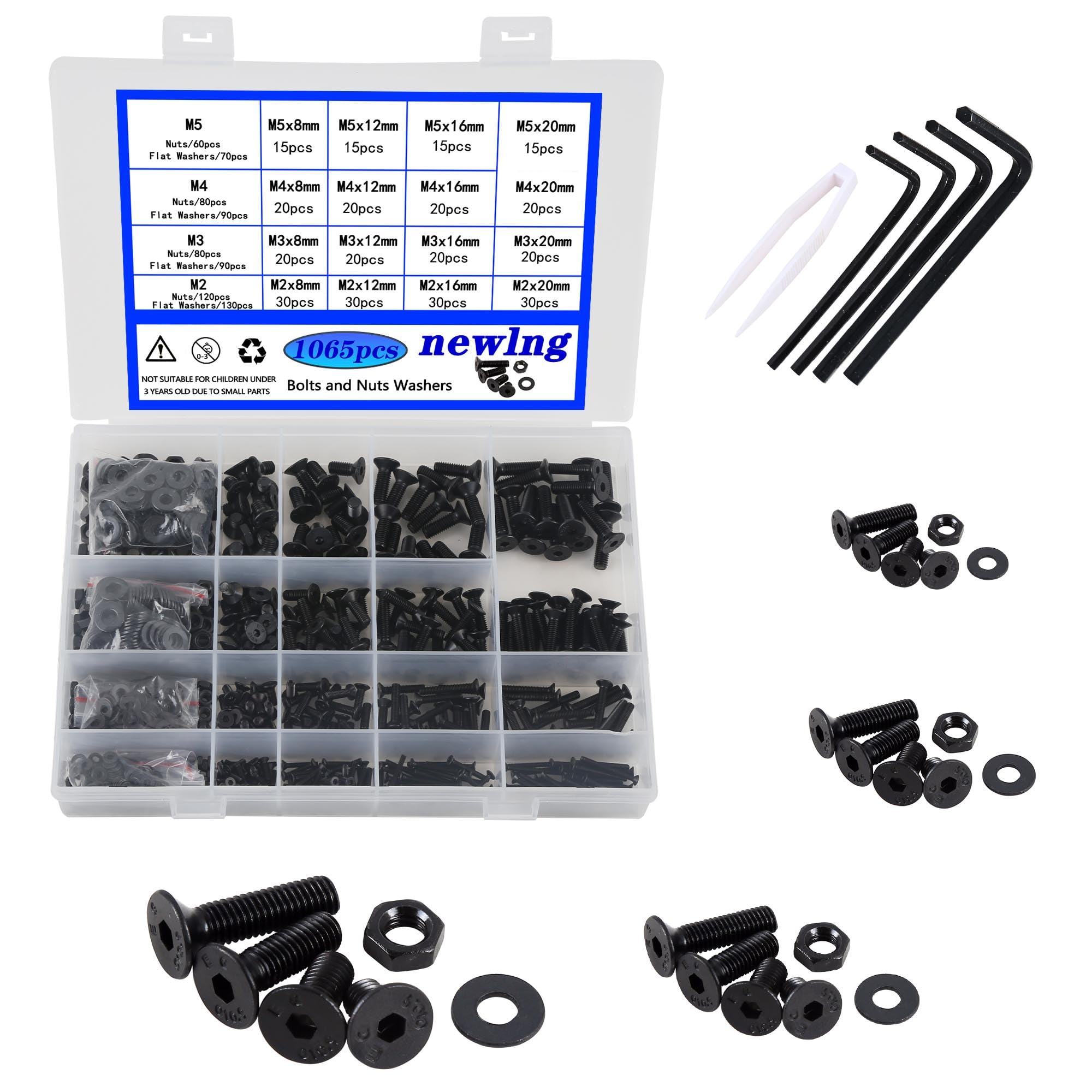 newlng M2 M3 M4 M5 Screws Set Carbon Steel Black Screws and Nuts Washers Set Countersunk Head Screws With Spanner — image 1