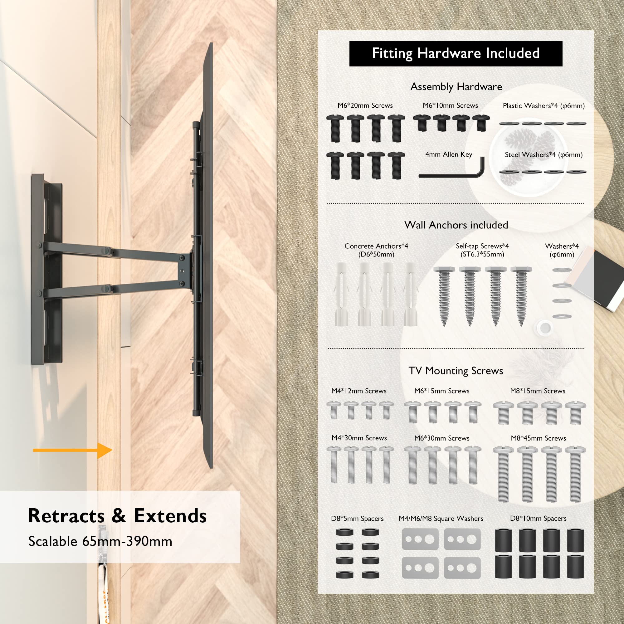 BONTEC TV Wandhalterung für 32-85 Zoll Bildschirme bis zu 60kg, Wandhalterung Fernseher Schwenkbar Neigbar Universal TV Halterung für Flach & Curved Fernseher & Monitor, Max VESA 600x400mm 6