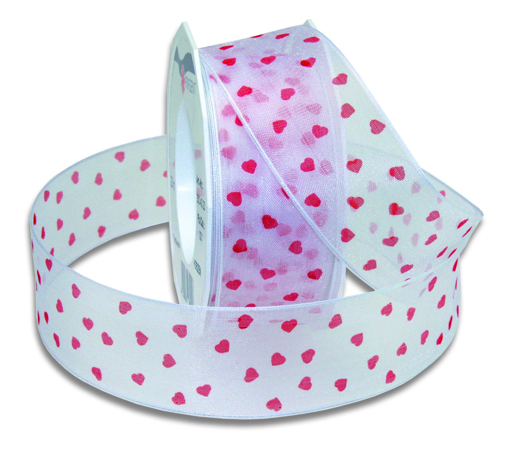 Präsent - Herzen Organza Ribbon White-red 40 mm Width, 20 m Length