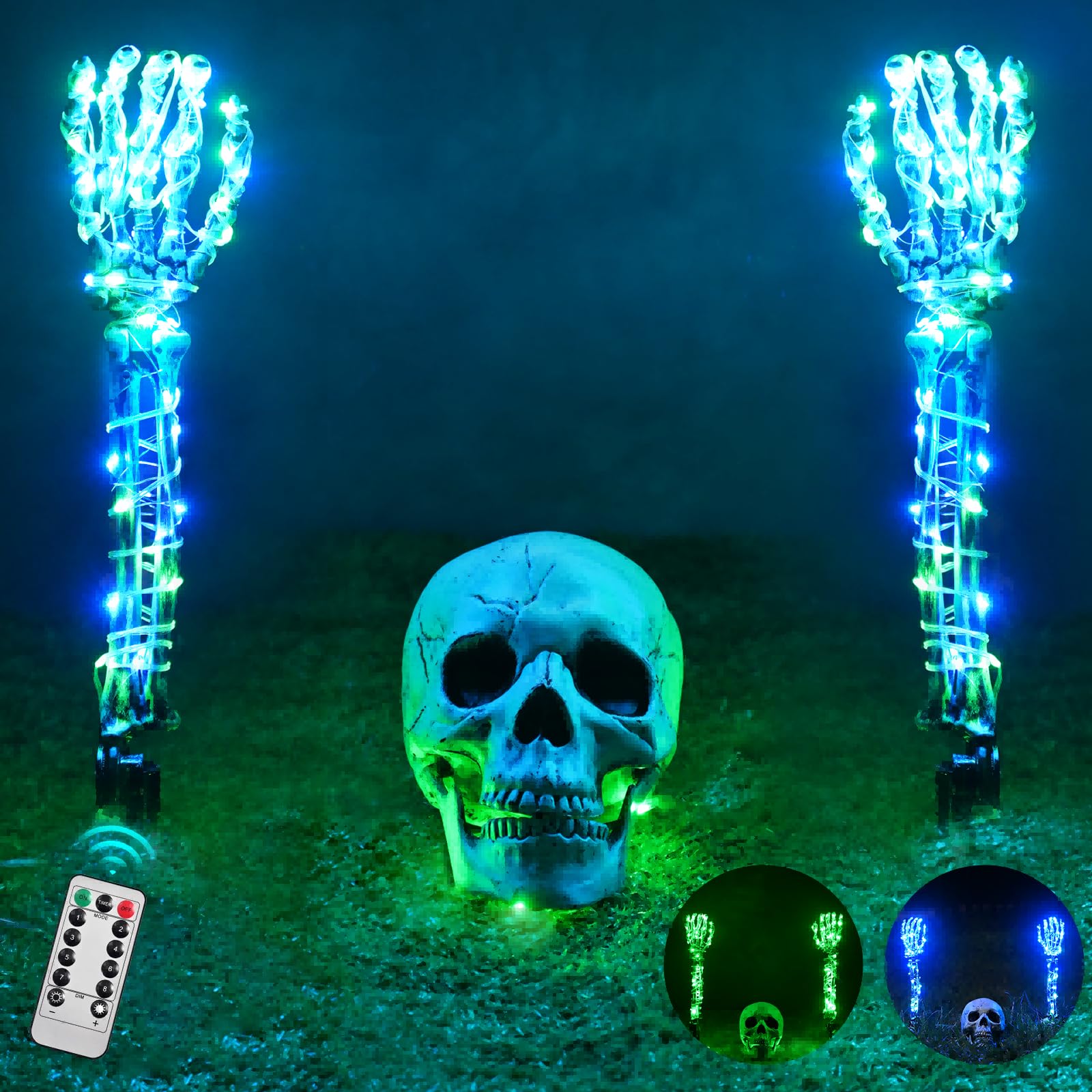 Maxee Halloween Lighted Skeleton Set, Skull Arm Stakes with 1 Remote Green Lights (36 Leds, 8 Light Modes & Timing Function), 2 Blue Lights (3 Modes), Decoration for Outdoor Yard Garden Graveyard