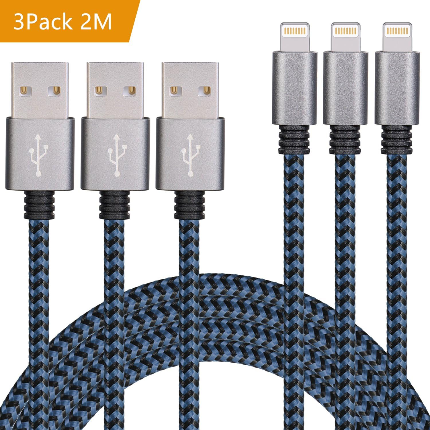 Lightning Cable, iPhone Charger Cable 2M 3Pack SUNDIX Nylon Braided for iPhone X 8 7/7Plus 6/6s/6 Plus/6s Plus 5/5c/5s SE iPad Air 3/iPad Pro(Black_blue)