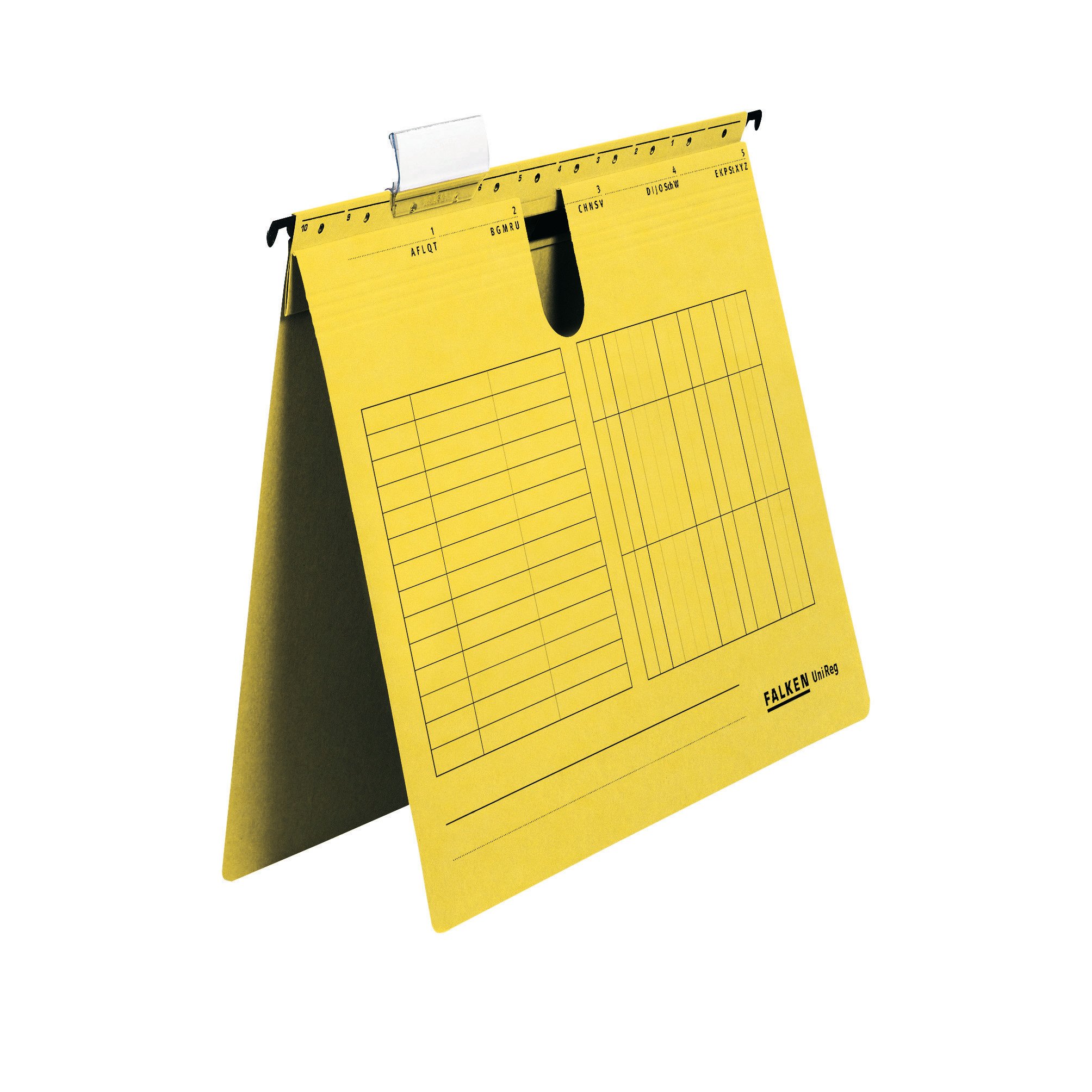 Original Falken 5-pack hanging file UniReg. Made in Germany. Commercial stapling, made of recycled cardboard for DIN A4 yellow Blue Angel ideal for loose leaf filing in the office and public authority