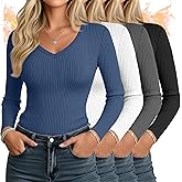 Sweetyweee 4 Pack Women's Thermal Shirts Long Sleeve Ribbed Cotton Tops V Neck Fitted Winter Undershirts Basic Base Layer
