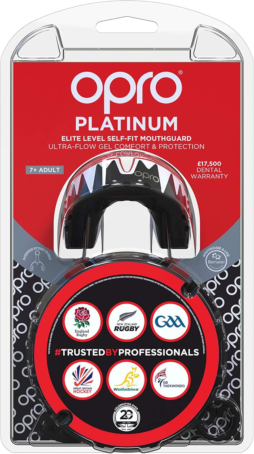 OPRO Platinum Level Mouthguard | Gum Shield for Rugby, Hockey, Boxing, and Other Contact Sports - 18 Month Dental Warranty (Black/Red/White) : Sports & Outdoors