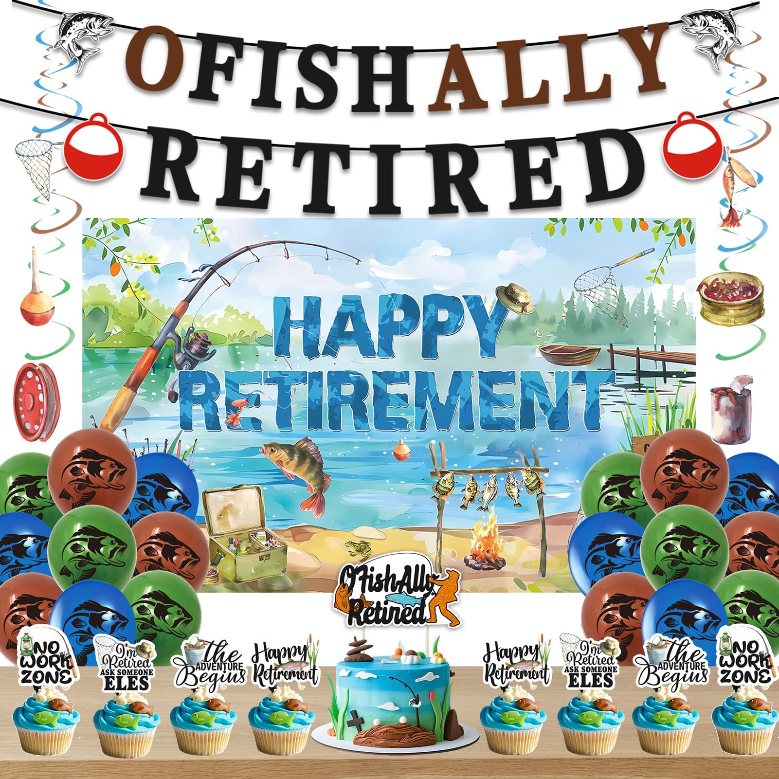 Photo 1 of Roetyce Retirement Party Decorations Men Women, Ofishally Retired Banner Balloons Cake Topper Hanging Swirls Kit, Gone Fishing Themed Happy Retirement Party Supplies for Coworker Photo Backdrop