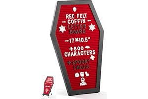 NOMNU Coffin Letter Board Red With Spooky Emojis +500 Characters, and Wooden Stand - 17x10.5 Inches - Gothic Halloween Decor Spooky Gifts Decorations
