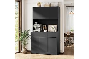 NBYSGO 71" Pantry Cabinet with Charging Station and LED Lights, Tall Kitchen Pantry Storage Cabinet with Microwave Stand, Modern Hutch with Storage Drawers for Dining Room, Living Room, Black