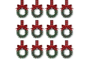 Retrowavy 12 Pcs Christmas Kitchen Cabinet Wreaths with Ribbon Mini Christmas Wreath Small Kitchen Wreath Greenery Wreath for Window Door(Red and Black,Stylish Style)