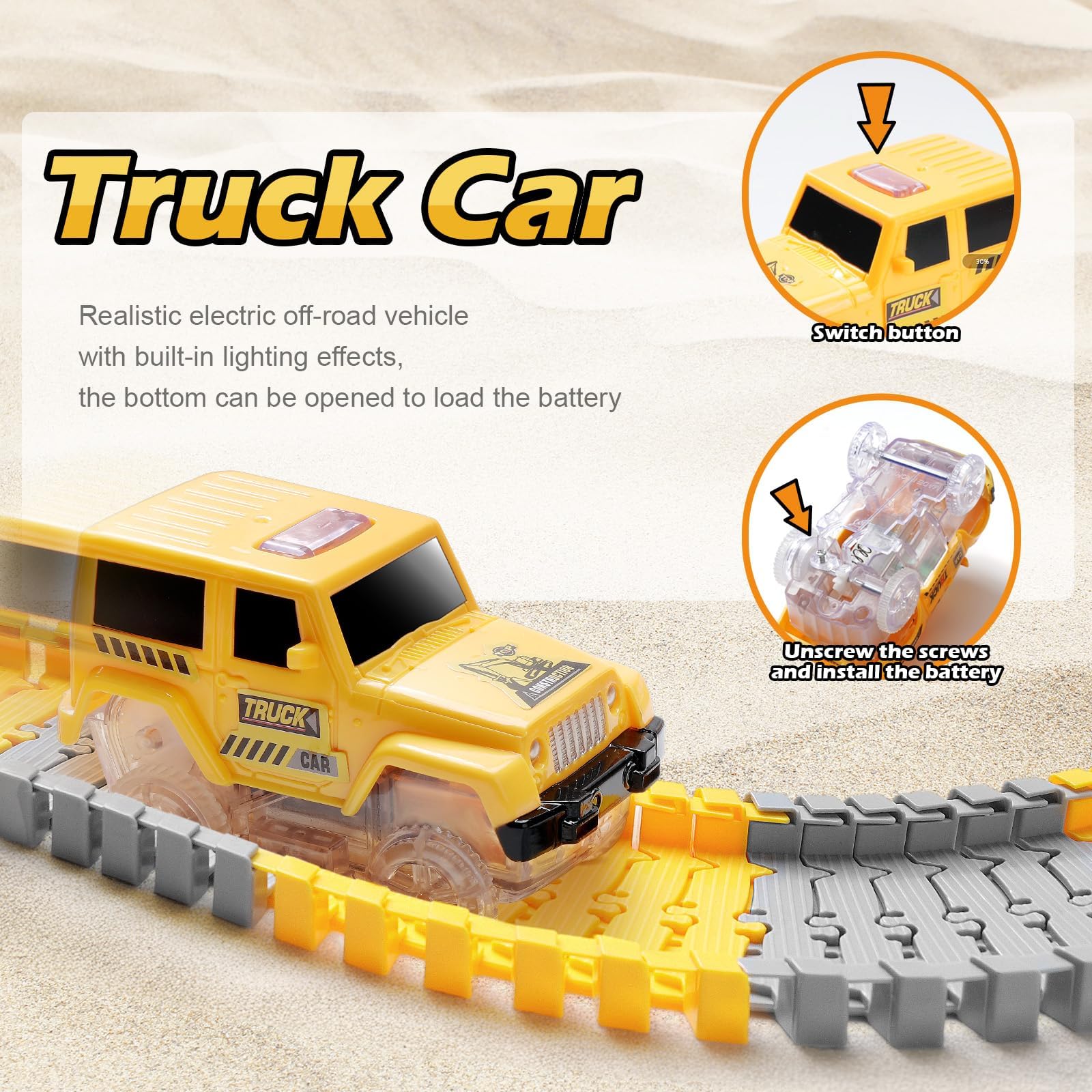 Autorennbahn ab 3 4 5 6 7 8 Jahre, 264 Stück 5 Cars Bagger Spielzeug Autorennbahn Rennbahn 2 Glow Elektroautos,3 Bauwagen,Flexibles DIY Gleis-Set Flexible Track Kran Spiele (Rennbahn) 3