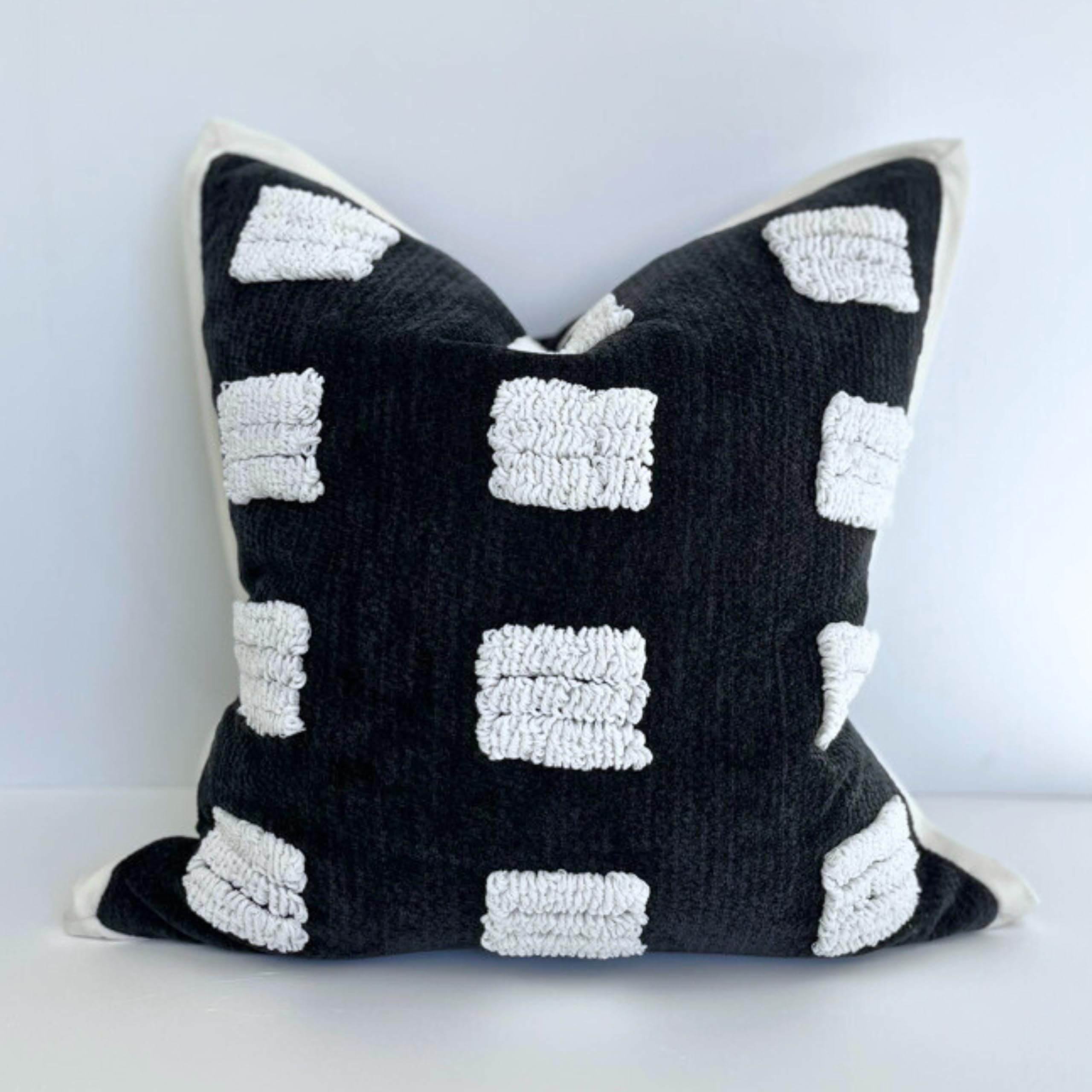 Photo 1 of *** white thread embroidering is unraveling in one area***Mebellezza Tufted Boho Throw Pillow Cover, Soft and Luxurious Chenille Fabric, 18x18 inches, Decorative Black and White Pillowcase for Couch, Bedroom, Living Room, Modern Pillowcase for Home Decor*