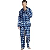 Amaxer Men’s 100% Cotton Pajamas Set Flannel Long Sleeves Pijamas For Men Pockets Button Pjs Elastic High Waist