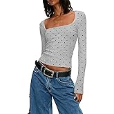 Women Y2k Polka Dot Tops Square Neck Long Sleeve Shirts Slim Fitted Casual Basic Going Out Top