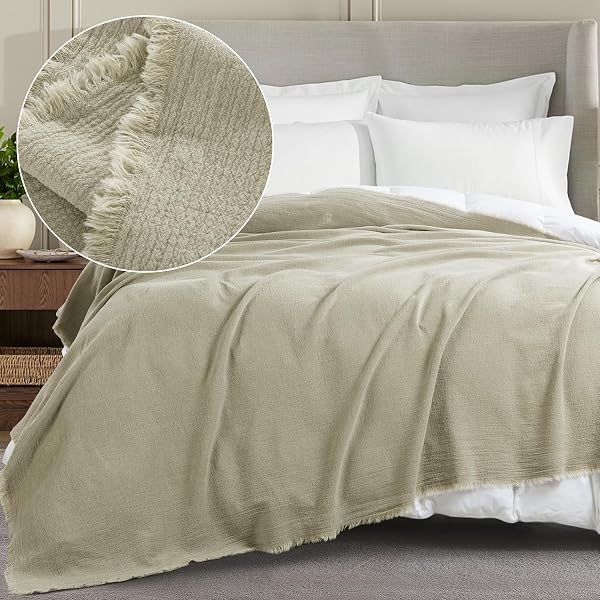 HOMBYS 92″X108″ LINEN OVERSIZED KING BLANKET-SOFT LINEN REVERSIBLE THROW LIGHTWEIGHT BLANKET IN NATURAL COLOR BED BLANKET(FLAX COLOR, 92″X108″)