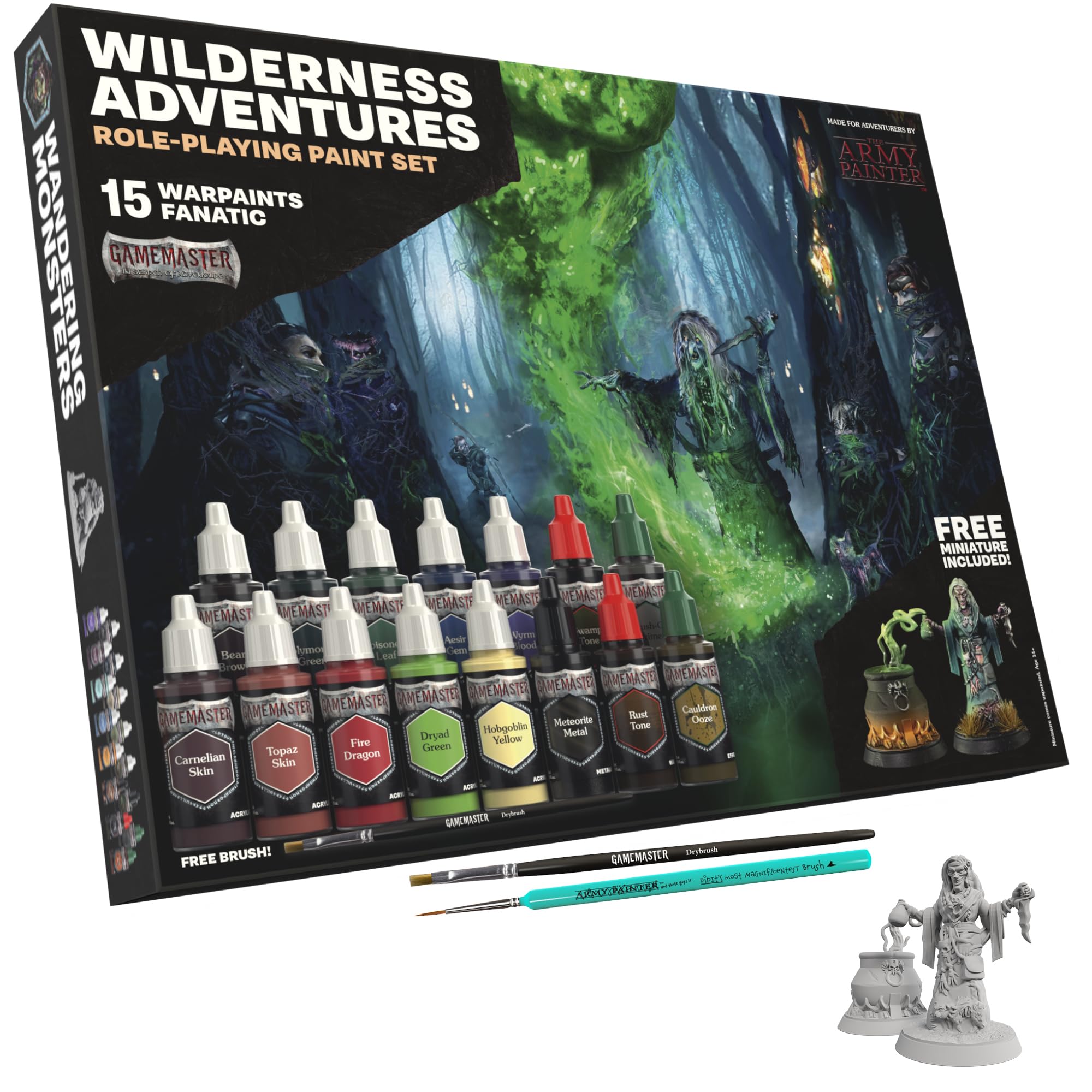 The Army Painter, GameMaster: Wilderness Adventures Role-playing Paint Set Combo, 15x18 ml Warpaints Fanatic Acrylic, 2 Brushes, 1 FREE Hard-plastic snap-fit Hag Miniature — image 1