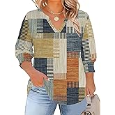 TFSDOD Womens Plus Size Tops 3/4 Sleeve Blouses Summer V Neck Shirts Smocked Cuffs Spring Outfits 1X-5X