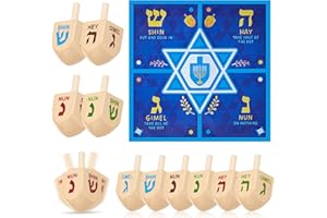 JOYIN 12 PCS Hanukkah Wood Dreidels Set, Natural Wooden Dreidels with English Transliteration and Instruction Play Map, Hanukkah Card Game for Family Activities Party Games