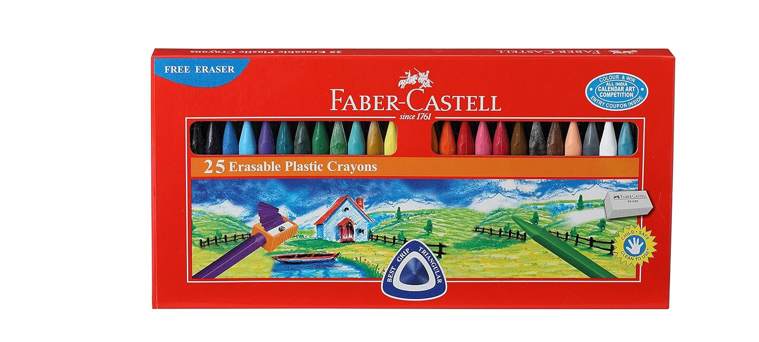 FaberCastell Erasable Plastic Crayon Set 70mm, Pack of 25 (Assorted