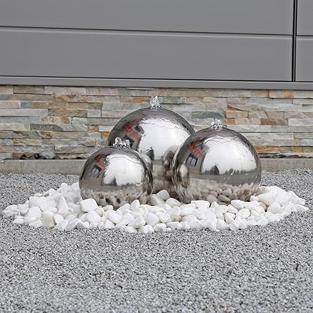 Edelstahl Kugelbrunnen Esb2 Gartenbrunnen Inkl Led Beleuchtung Mit 3 Edelstahl Kugeln Poliert Komplettset Mit Pumpe Wasserbecken Led Leuchten Verteilern Und Schlauchen Aussenbereich 12v Ac Amazon De Garten