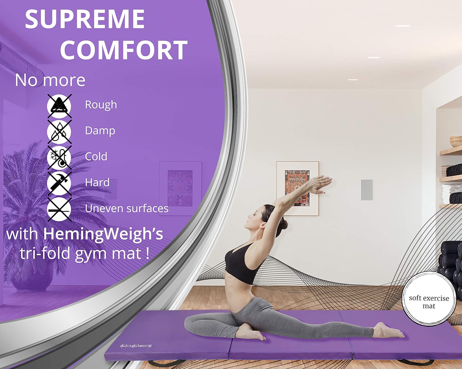 HemingWeigh 1.5 Inch Extra Thick Exercise Mat, Gym Mats for Home Workout, Tumbling Mat for Kids Gymnastics Equipment, Folding Mat for Martial Arts, 3 Fold, Purple : Sports & Outdoors