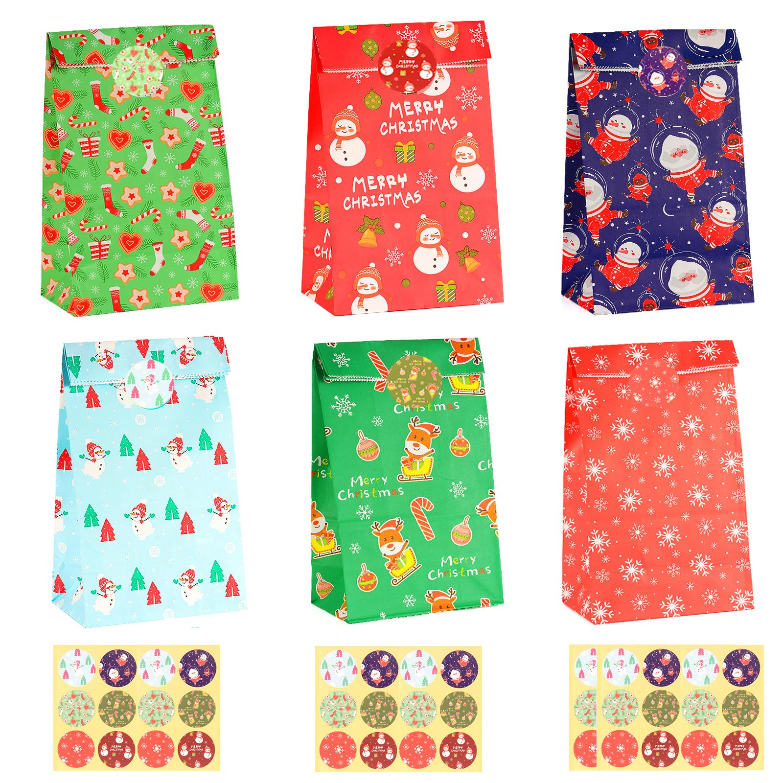 48Pcs Christmas GiftBags with Stickers, Xmas Bag Paper Party Favour, Small Kraft Candy Snack Return for Classrooms