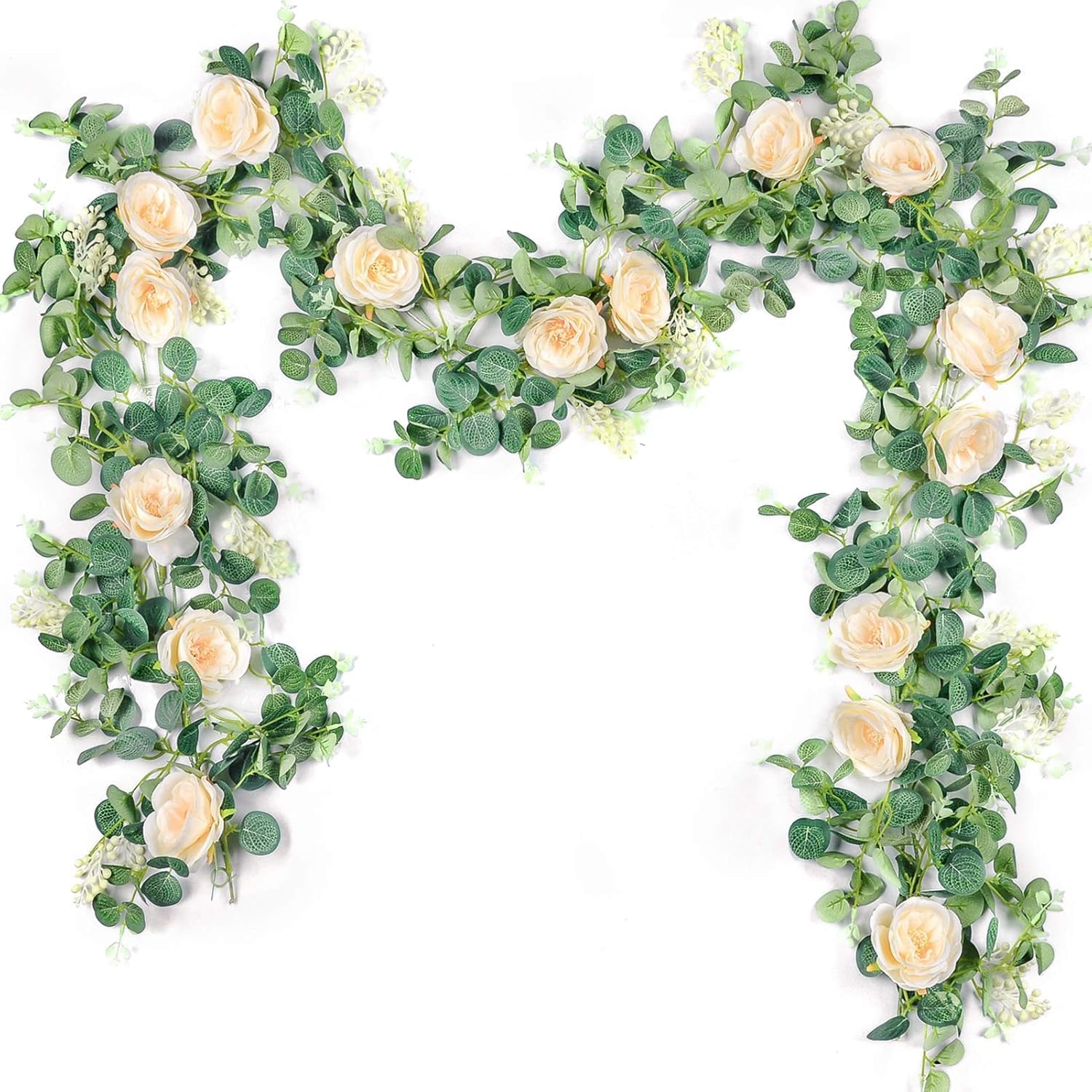 Photo 1 of Der Rose 2Pcs Artificial Eucalyptus Flower Garland with Fake Rose Flower Vine Seeded Eucalyptus Leaves Greenery Garland for Wedding Table Backdrop Party Centerpiece Room Decor (Champagne-Total 13FT)