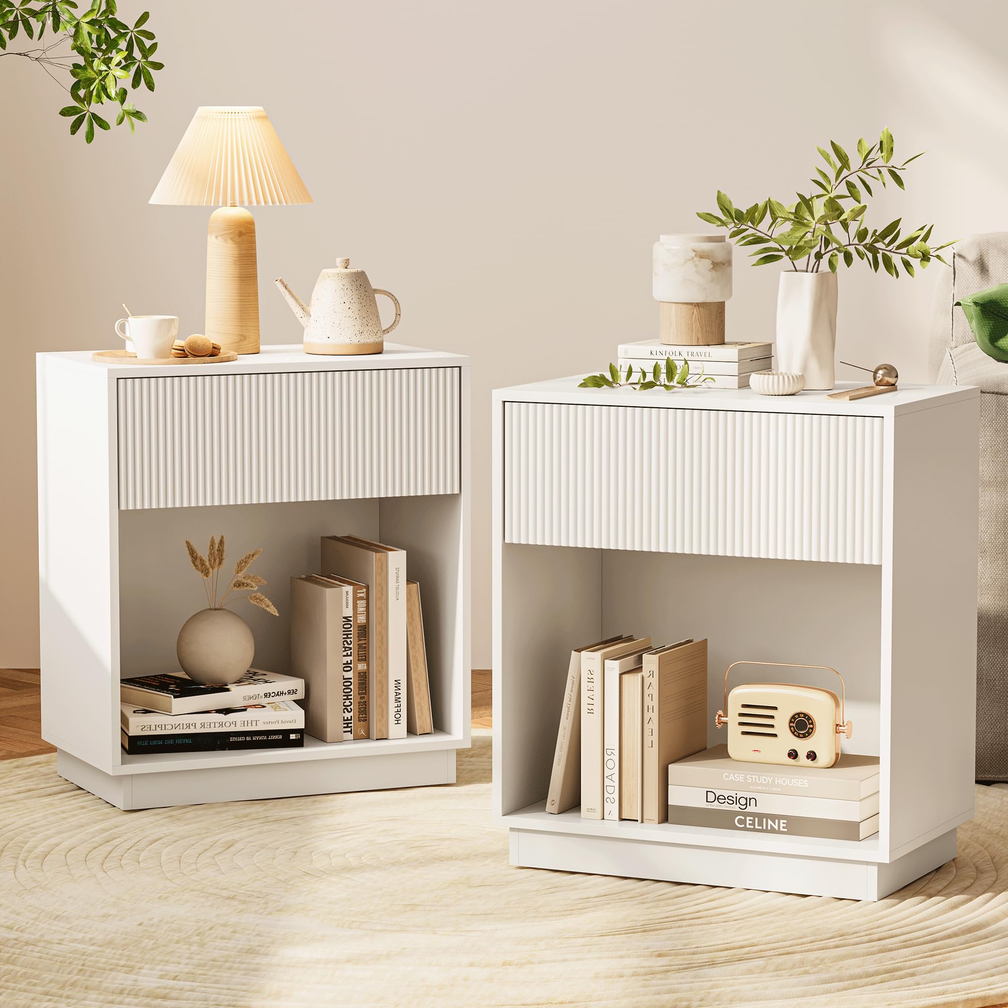 Photo 1 of ***MINOR DAMAGE*** ***READ CLERK NOTES*** Fluted Nightstands Set of 2, Modern Bedside Table with Drawer and Storage Shelf, Wood End Table Mid Century Night Stands for Bedroom Living Room Sofa Couch Office (White)