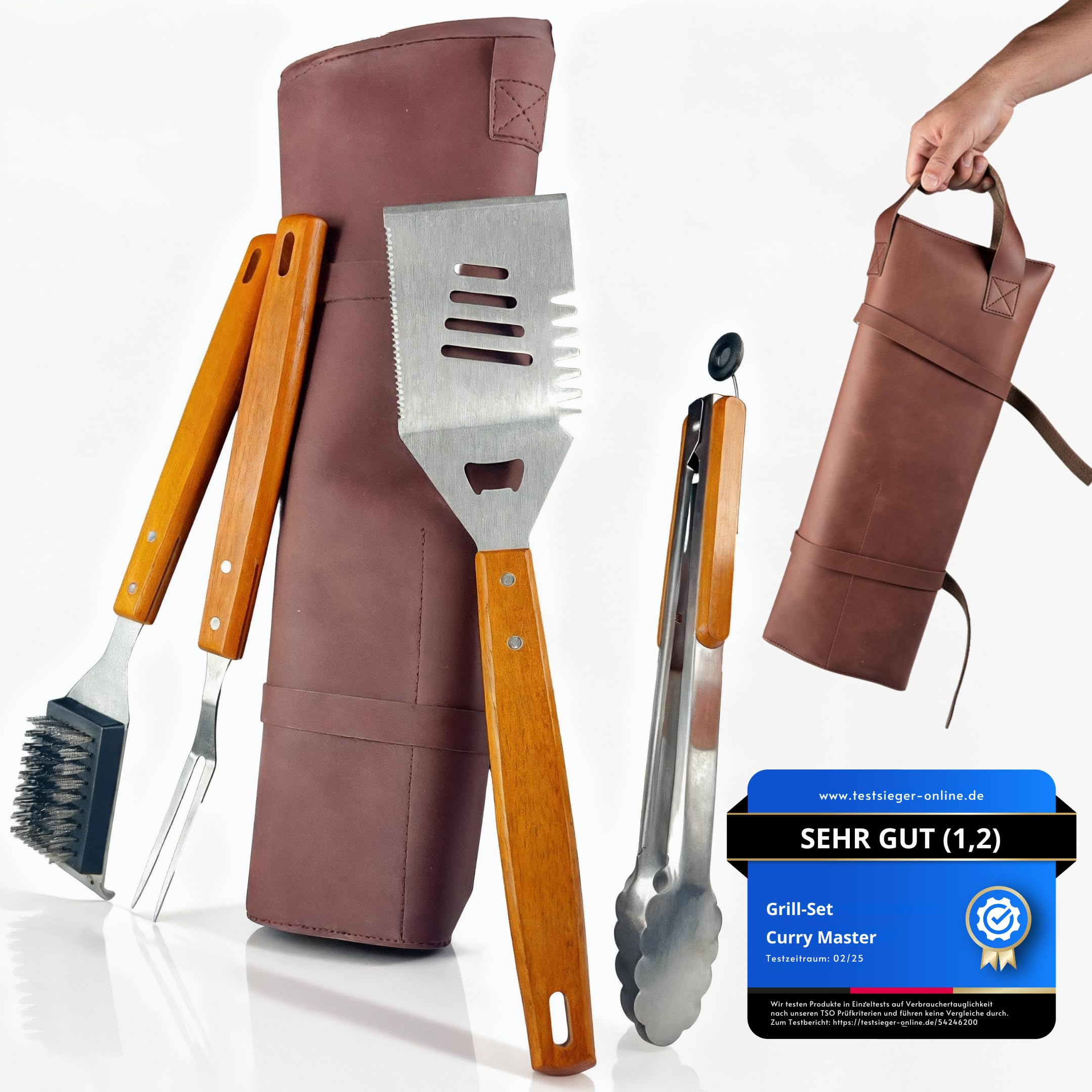 Grillset für Männer Geschenk - Premium Grill Set mit Ledertasche, Grillbesteck & Grillzubehör, Holzgriffe, 3 in 1 Wender mit Flaschenöffner und Schneidekante