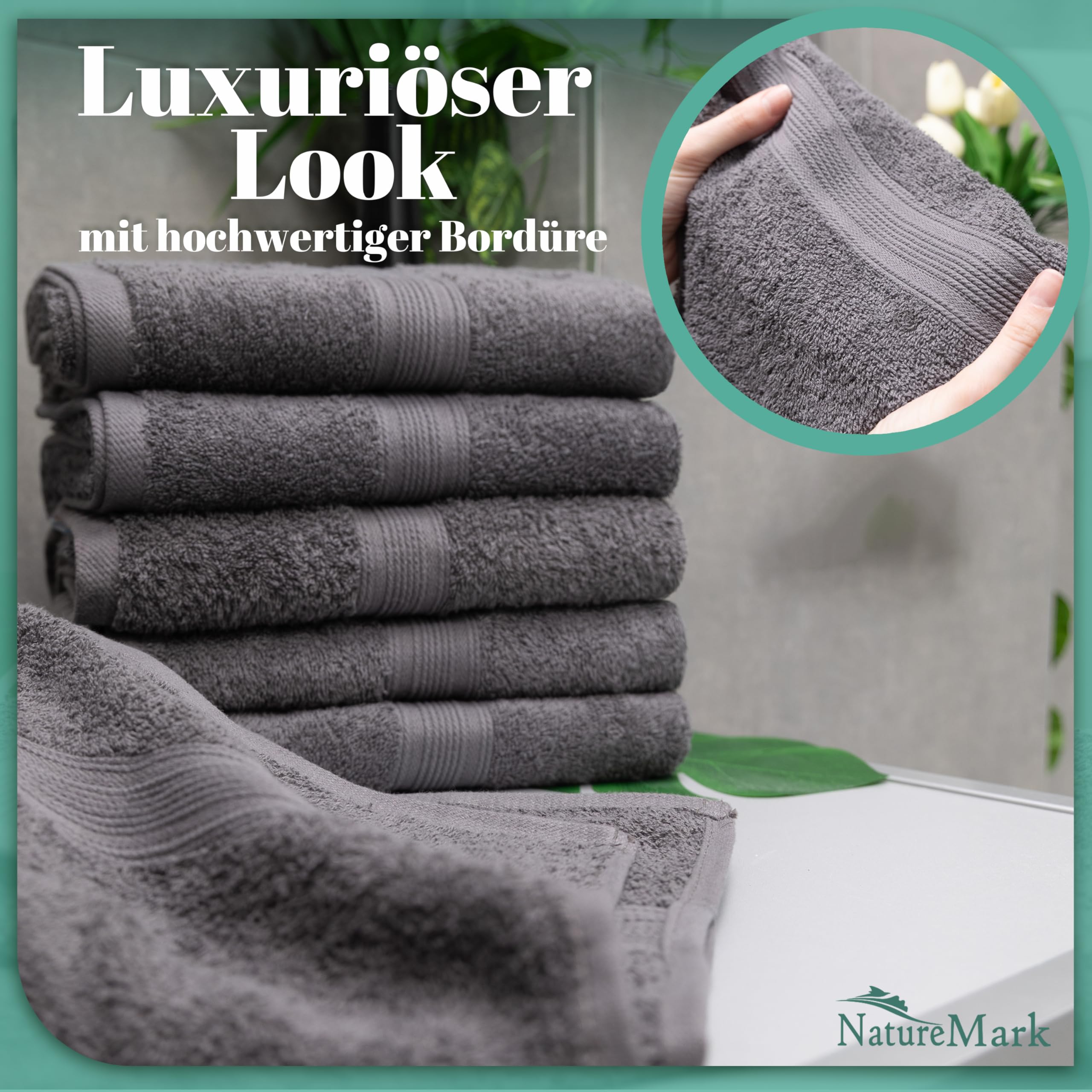 NatureMark 8 Handtücher Set - 100% Baumwolle - Saugfähige und langlebige Handtücher, Größe 50×100 cm, Anthrazit Grau 5