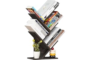 SHEEPAM 5 Tier Tree Book Shelf, Small Desktop Bookshelf with Storage Organizer, Wood Bookcase, Desk Display Bookshelves, Floor Standing Organizer Bookcases for Living Room,Bedroom,Office-Dark Grey