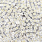 Sunrica 800Pcs White and Gold Square Letter Beads A-Z, 6X6mm Acrylic Cube Alphabet Beads for Jewelry Making