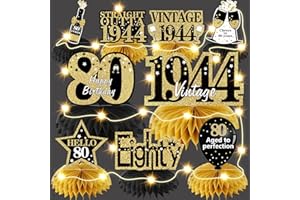 Bumqviy 9Pcs 80th Birthday Centerpieces Decorations with String Lights for Women Men, Black Gold Vintage 1944 Aged to Perfection Table Centerpiece Party Supplies, 80 Year Old Birthday Party Table Sign