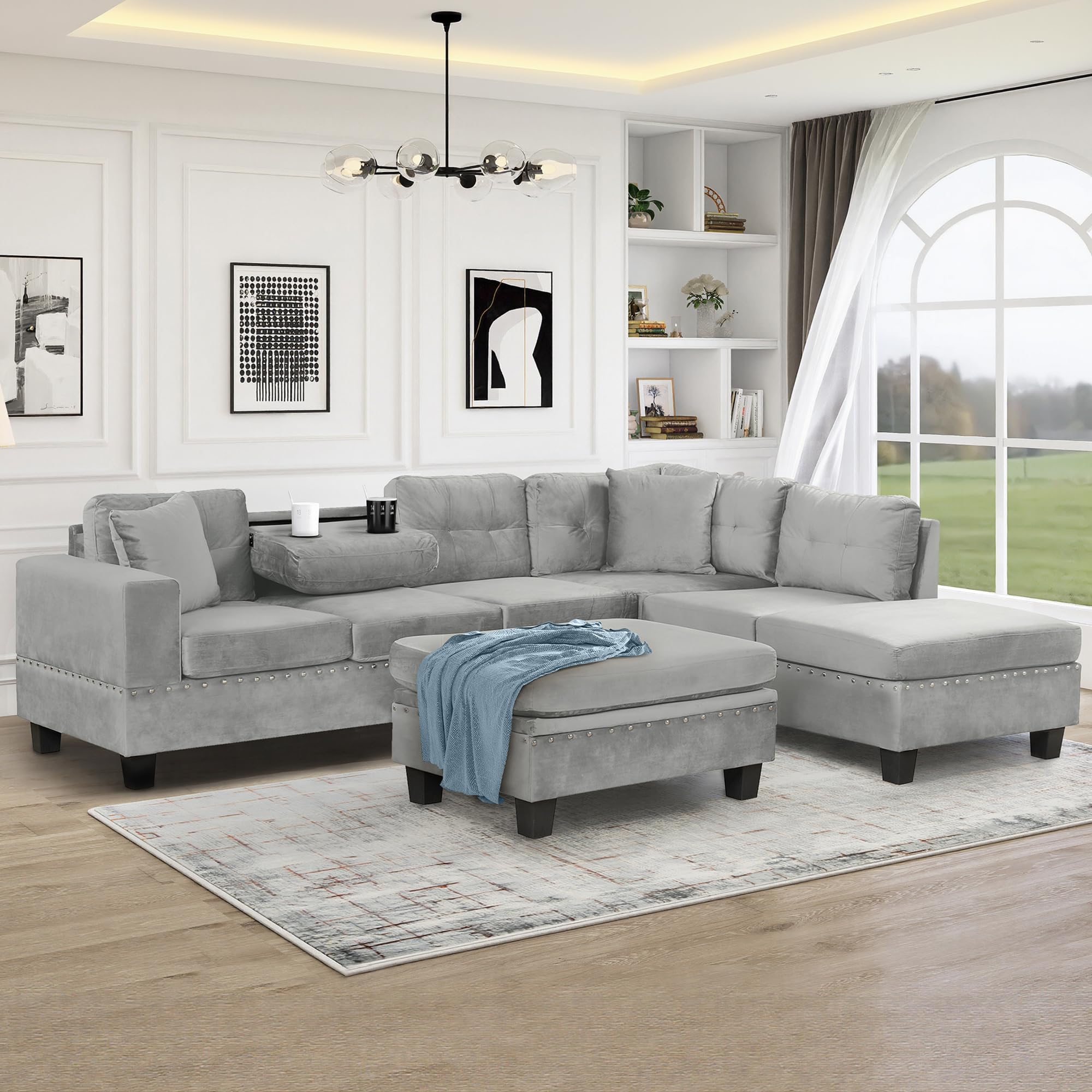 Photo 1 of Ball & Cast L-Shape Sectional Couch with Storage Ottoman,105" Couches for Living Room W/ 2 Pillows & Cup Holders,6 Seat Velvet Sleeper Sofa W/Reversible Chaise,Comfy Couches for Apartment,Gray