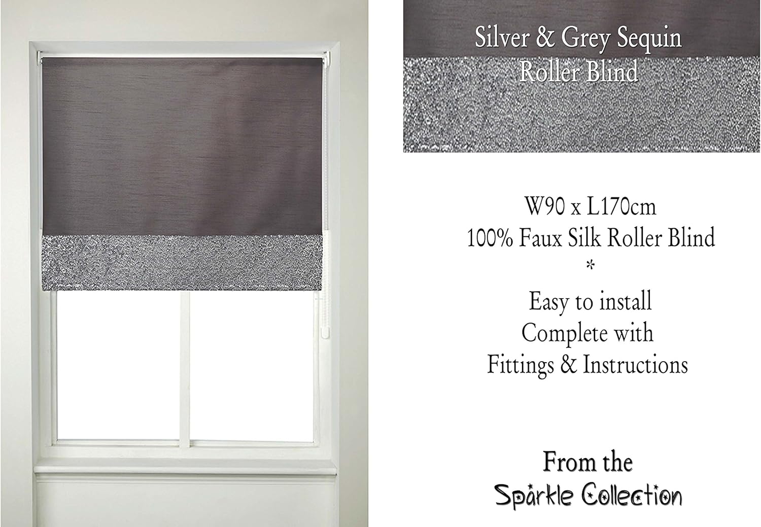 Sparkle Collection Silver & Grey Sequin Glitter Roller Blind W90 x