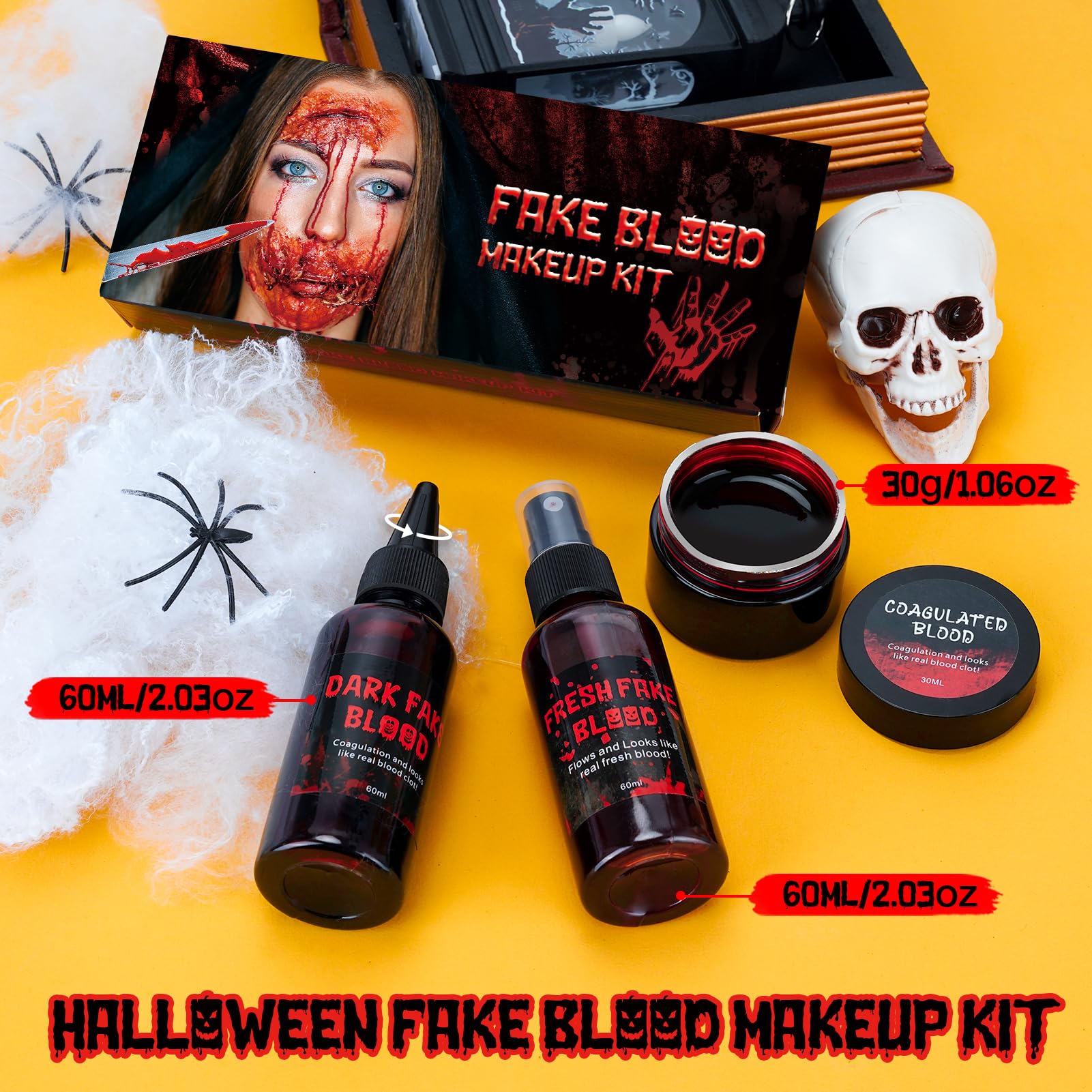3PCS Halloween Fake Blood Kit, 2.03oz Fake Blood Spray and 2.03oz Dripping Blood and 1.06oz Coagulated Gel Blood, Realistic Washable Fake Blood Makeup for Zombie Vampire Monster Cosplay & Dress Up