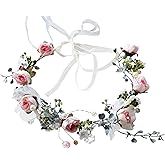 LLinfflr Rose Flower Crown Boho Flower Headband Hair Wreath Floral Halo Headpiece with Ribbon Wedding Party Pink