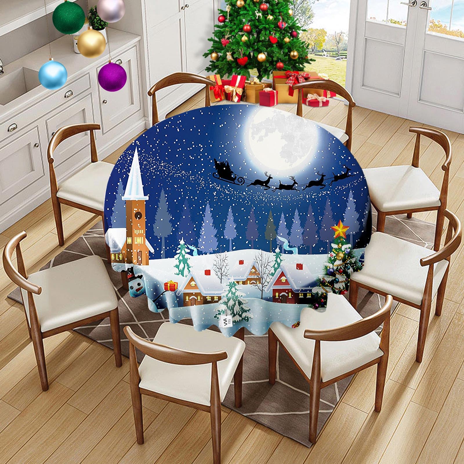 Round Christmas Tablecloth- Xmas Circular Table Cloth Winter Snowman Tree Santa Sleigh Moon Present Snow Stars Holiday Blue Tablecloths for Family Gatherings Christmas Dinner Parties Decor 70 Inch