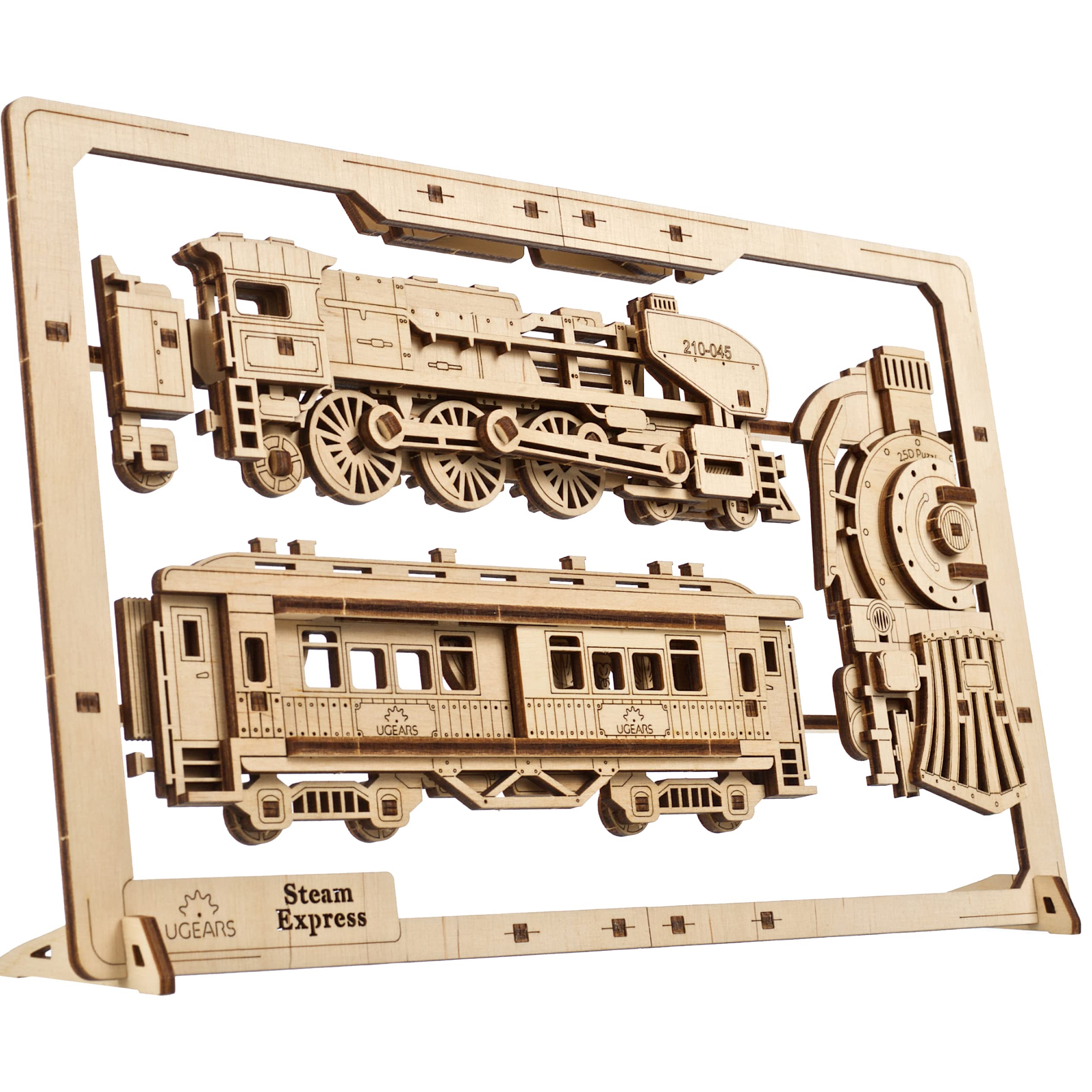 UGEARS 2.5D Framed Steam Express - Classic Train Wood Model Kit with Movable Wheels, Mechanisms & Doors – Steam Train Wooden Puzzle Model Kits for Adults - Home and Office Decor