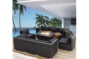 NICESOUL® Modern High-End Oversize High Back Rattan Patio Furniture Sectional Sofa Sets with Propane/Natural Gas Fire Pit Table Gray Color Outdoor Wicker Conversation Sets 9 Piece