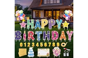 RTSHUOK 18 Pcs Happy Birthday Yard Sign with 32.8 ft Led Light, 16” Large Size Happy Birthday Yard Sign with Stakes, Weatherproof Personalized Birthday Yard Signs, Outdoor Lawn Garden Party Decoration(Colorful)